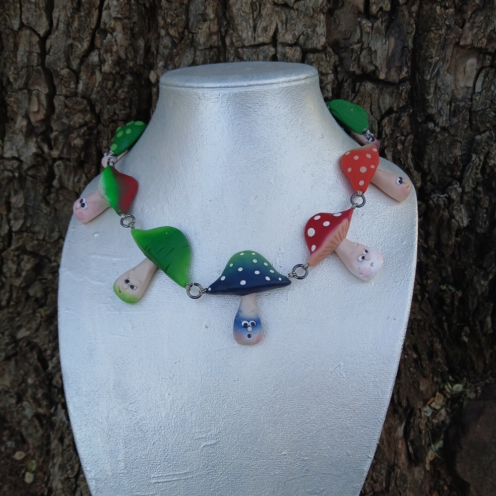 Whimsical Mushroom Necklace in Green, Blue & Red